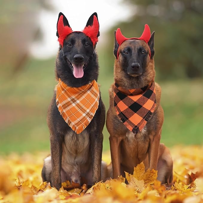 Kytely Fall Thanksgiving Dog Bandanas Large, 2Pack Christmas Halloween Classic Plaid Pet Scarf with Tassels Edges for Boy and Girl, Pet Apparel & Accessories Costume for Puppy Pets