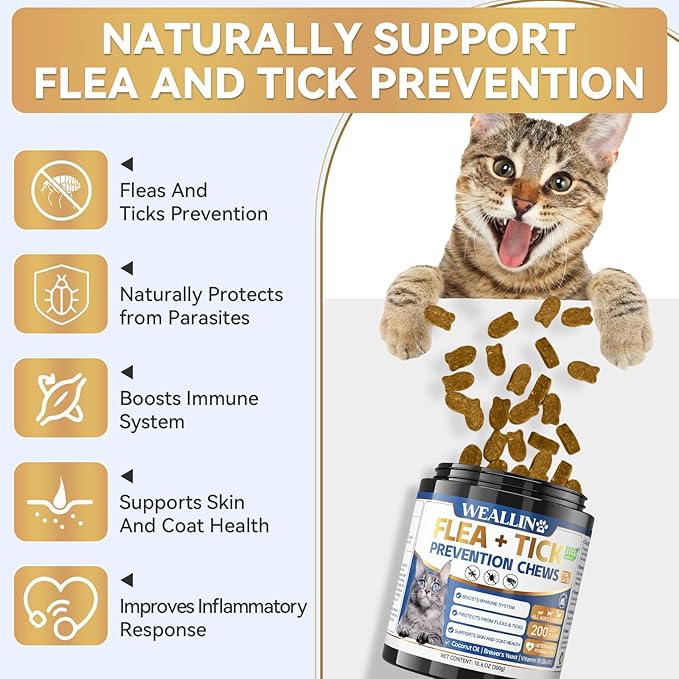 Flea and Tick Prevention Chews for Dog&Cats, Flea and Tick Prevention for Dogs, Flea and Tick Prevention for Cats, 200 Soft Chews, Chicken Flavor, Natural Flea and Tick Treatment
