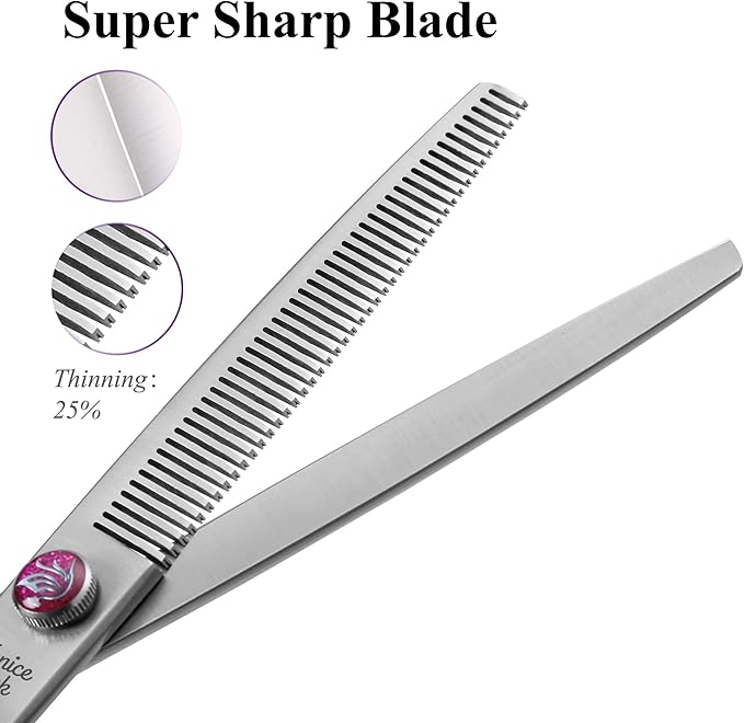 Fenice Peak 7'' Thinning Dog Grooming Scissors with Purple Finger Rings and Flashing Screw Professional 440C Stainless Steel Natural Color Pet Thinning Shears with Offset Handle Durable and Sharp