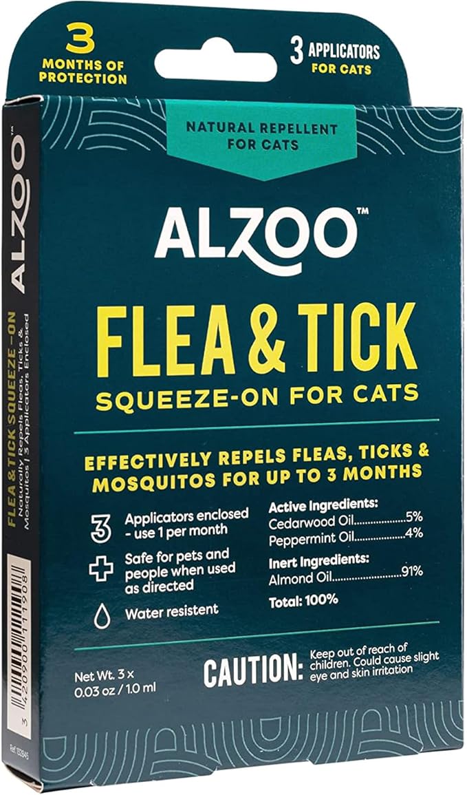 Natural Flea & Tick Squeeze-On for Cats, Helps Repel Fleas, Ticks & Mosquitos, Up to 3-Months Protection, Plant-Based Active Ingredients, Water-Resistant, 3 EZ-On Applicators Per Pack