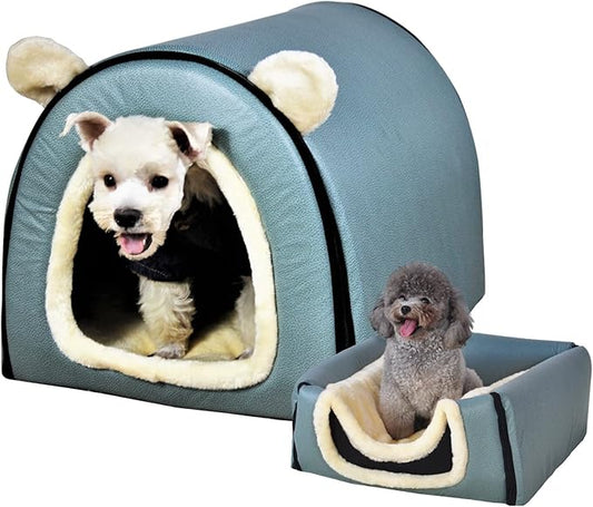 Dog Bed or Cat Bed,2 Ways to Use,Indoor Pet House with Fluffy Mat,Removable and Washable Cover,Splash-Proof House and Non-Slip Bottom,for Medium Dogs and Cats(L Light Blue Faux Leather)