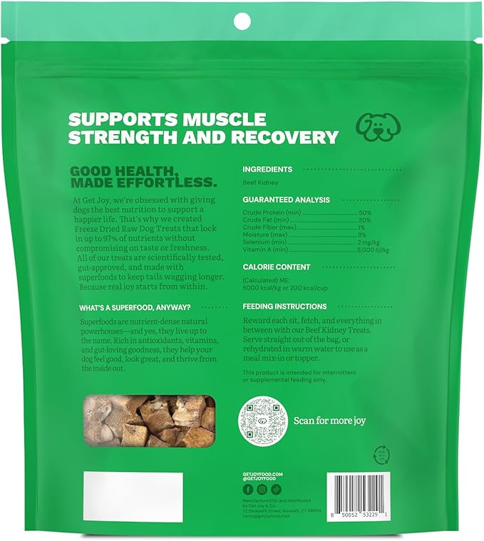 Get Joy Freeze Dried Superfood 100% Beef Kidney Dog Treats, 16 Ounce Bag, Single Ingredient Organ Meat, High Protein, Immune Health, Muscle Repair, Grain Free, Gluten Free, Made in USA