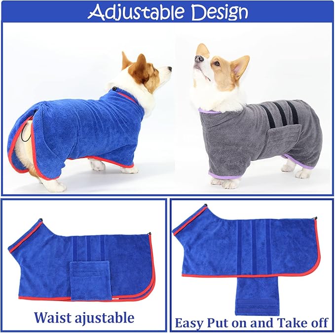 Dog Drying Coat, Microfiber Dog Drying Bag - Absorbent Pet Bathrobe for Dogs & Cats, Adjustable Collar & Belly Strap, Fast Drying Coat, Large, Grey