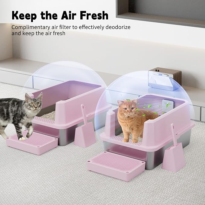 RIZZARI Stainless Steel Litter Box: Pink Leakproof Open Top Tray - Large Size Odor Control for Cats Under 20 lbs - with Deodorizer - 2 Pack - for Laundry Room Restroom