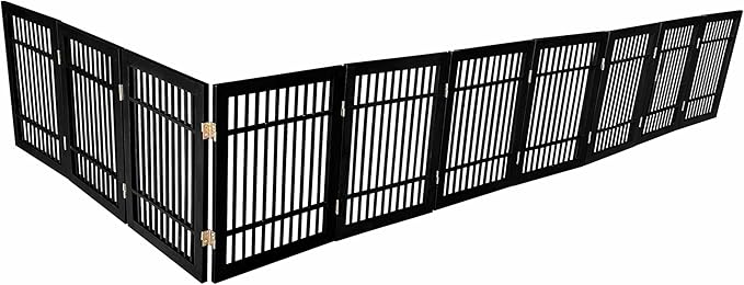 Pet Dog Gate Strong and Durable Freestanding Folding Acacia Hardwood Portable Wooden Fence Indoors or Outdoors by Urnporium (Black Pet Gate, 10 Panel 24" Tall)