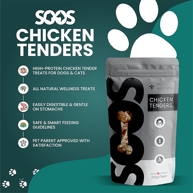 SOOS Natural Chicken Tenders Treats for Dogs & Cats - High Protein, Grain Free, Vitamin Minerals, Healthy Training Treats - 113g