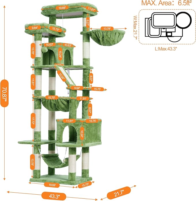 Heybly Cat Tree, 71-Inch Tall Tower for Indoor Cats with 2 Perches, 2 Big Condos, 2 Hammocks, Basket, Scratching Pad, Large Cat Furniture and Condo, Green HCT034GR