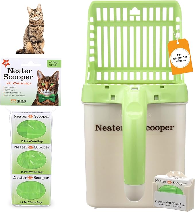 Neater Pet Brands Neater Scooper Standard Cat Litter Scoop, 60 Refill Bags – Mess-Free Cat Litter Scooper with Bag, Spill-Proof Kitty Box Sifter, Bin Doubles as Scoop Holder, For Single-Cat Households