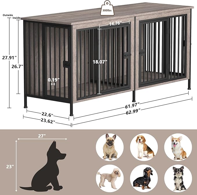 EasyCom Dog Crate Furniture for 1 or 2 Dogs, Heavy Duty Single/Double Dog Crates for Small/Medium/Large Dogs, Dog Kennel Furniture Indoor as TV Stand, Medium Size 63" L(20-35 Pounds), Oak Grey