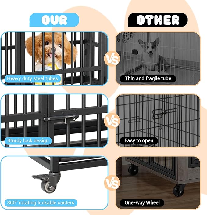 42 in Heavy Duty Dog Crate, Foldable Indoor Dog Cage with Double Door, 360° Lockable Wheels and Removable Tray, Easy to Clean and Assembly，for Small Medium Large Dogs