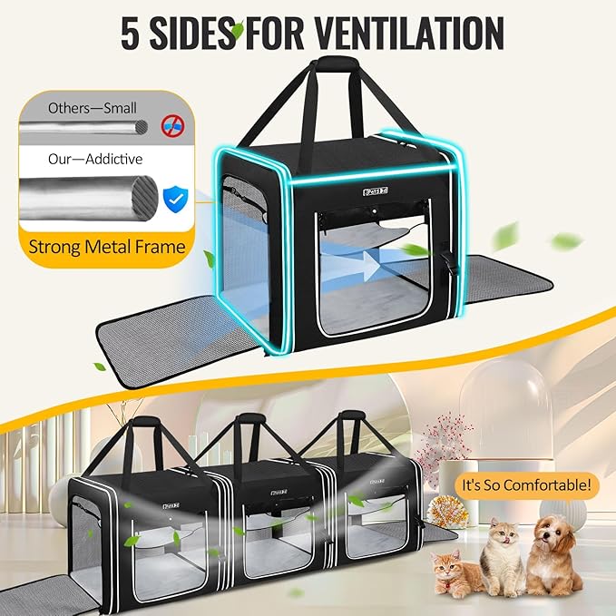 Petskd Combinable Pet Carrier for Large Cat or Medium Dog, 18"x17"x17" Large Cat Carrier for Car Travel, 2 Small Pet Soft Carriers with Food Bag, Bowl and Safety Locking Zippers for Vet, Camping