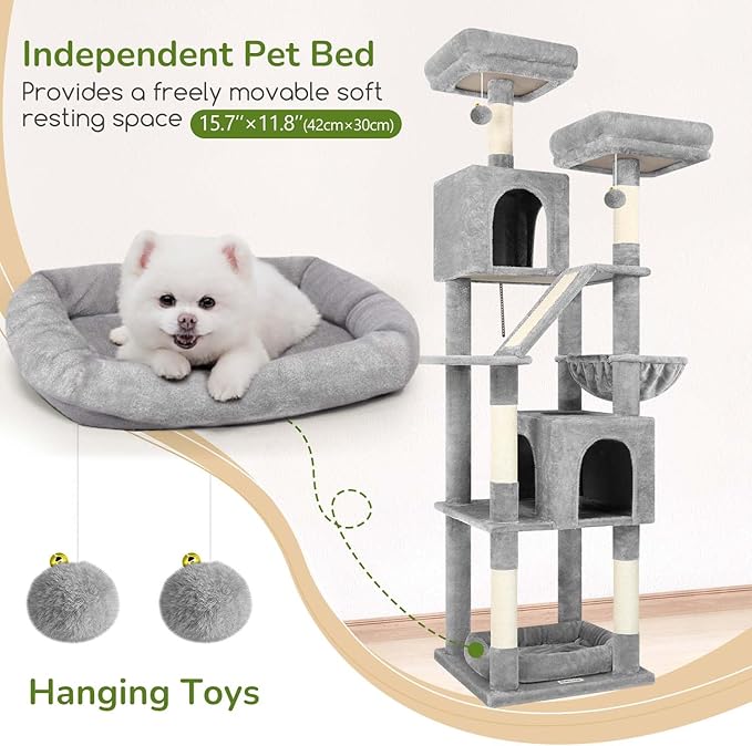 Globlazer Large Cat Tree Tower for Indoor Cats, 74in Tall Sturdy Cat Tree Condo for Large Cat with Scratching Posts and Board, Cat Condos for Adult Cats Kittens, Top Perches，Pet Bed, F74D, Light Grey