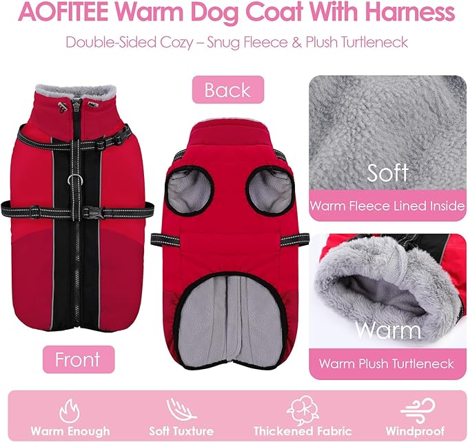 AOFITEE Dog Coat for Small Dogs, Warm Dog Winter Jacket with Harness Built in, Waterproof Small Winter Coat Dogs Reflective Cold Weather Coats for Chihuahua, Yorkshire, Red XS