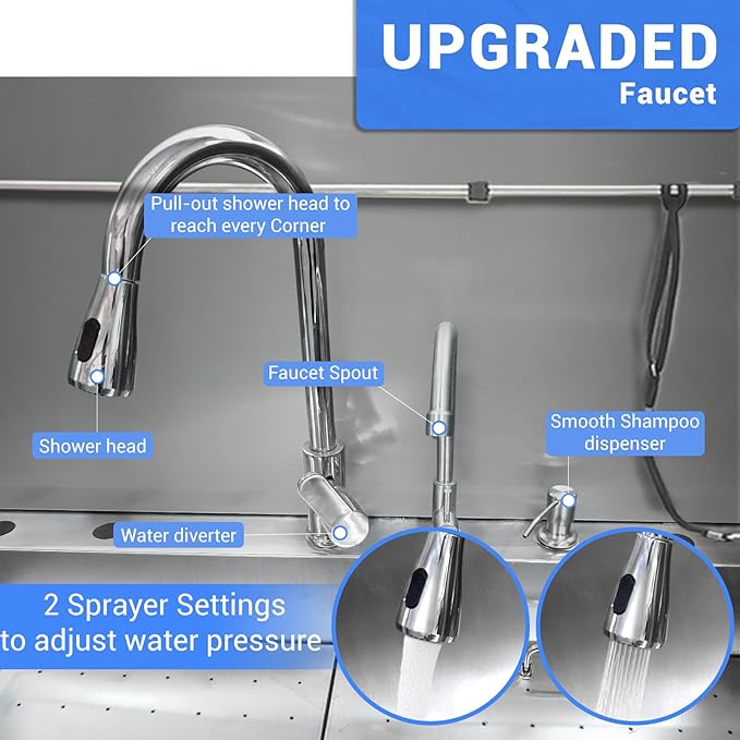 Professional Dog Grooming Tub, 62" Stainless Steel Dog Wash Station with Foldable Ramp, Storage Drawer, Floor Grate & Faucet/Dog Bathtub for Large, Medium & Small Pets - Left Door (62")