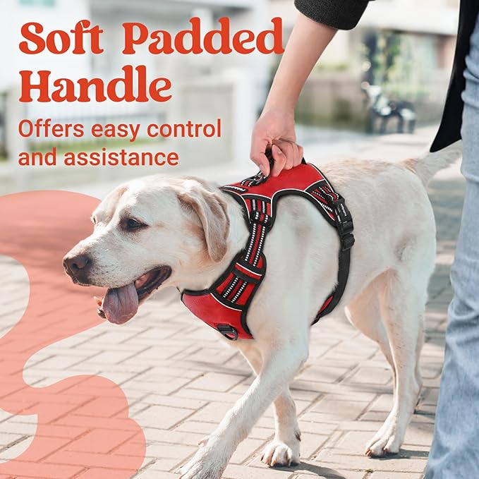 rabbitgoo Dog Harness for Large Dogs, No Pull Pet Harness with Soft Padded Handle, Adjustable Reflective Vest with 3 Buckles, Easy Walking Harness with 2 Leash Clips, Red, XL