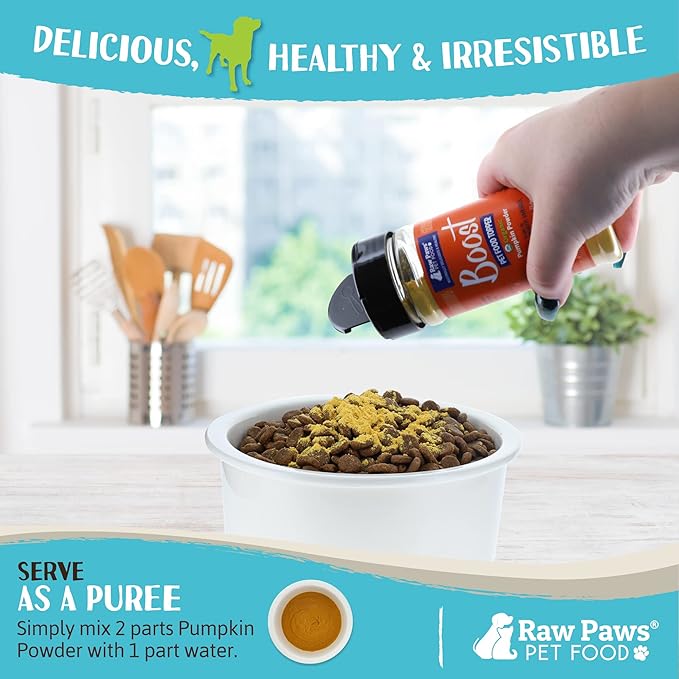 Raw Paws Boost Pet Food Topper Organic Pumpkin Powder, 3-oz - Made in USA - Grain-Free Dog Food Topper - Anti Scoot Pumpkin Powder for Dogs - Vegan Dog Food Gravy - Meal Toppers for Dogs