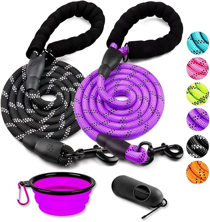COOYOO 2 Pack Dog Leash 5 FT Heavy Duty - Comfortable Padded Handle - Reflective Dog Leash for Medium Large Dogs with Collapsible Pet Bowl
