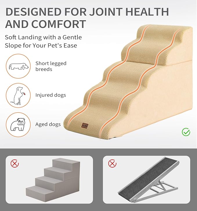 Made4Pets Dog Stairs Ramp for High Bed, 5-Step Pet Stairs for Bed Couch Sofa Climbing, 35D Foam Pet Steps for Small Dogs and Cats, Non-Slip Bottom Dog Steps, Tan