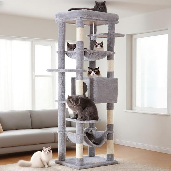 Heybly Cat Tree for Large Cats 20 lbs Heavy Duty,69 inches XXL Cat Tower for Indoor Cats,Multi-Level Furniture Condo with Big Padded Plush Perch,Cozy Basket HCT031W