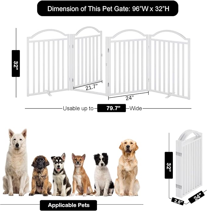 UDD Dog Gate Indoor 96" Extra Wide, 32" Tall Foldable Pet Gate with Door for Stairs Doorways Hallways Porch, Freestanding No Drilling Metal Pet Fence for Dogs Puppy, White 4-Panel