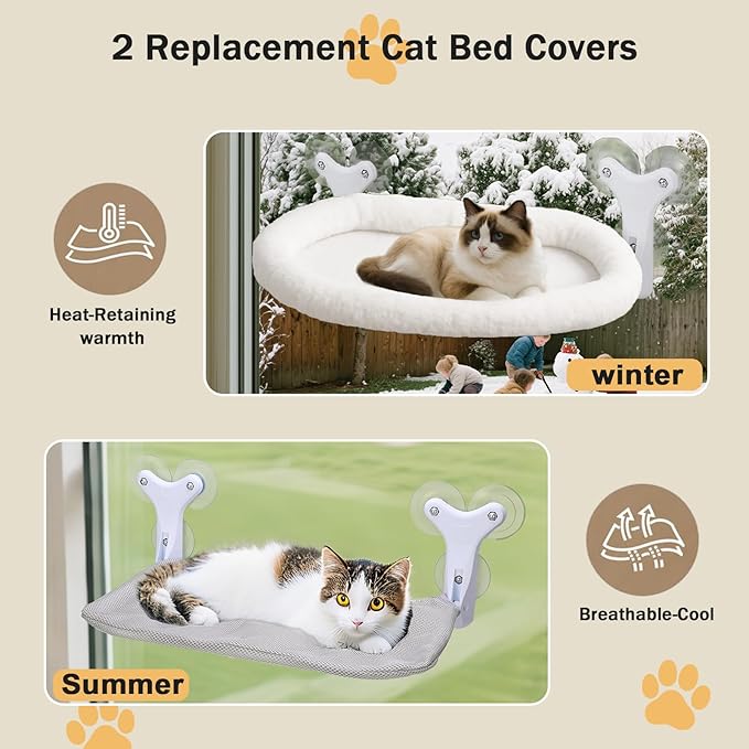 Cat Window Perch with 6 Strong Suction Cups,Includes Summer and Winter Removable Cushion - No Drill Installation,50LBS Support Foldable Cordless Cat Beds for Indoor Cats(Large)