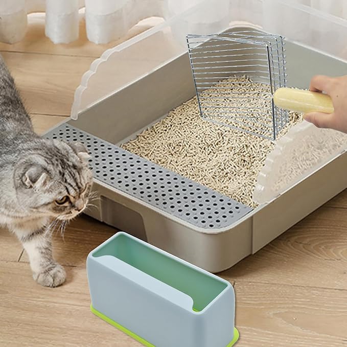 Cat Scooper for Litter Box with Holder,Kitty Litter Scoop Metal Fast Sifting Kitten Poop Shovel Stainless Steel Heavy Duty Cat Pan Scooper with Wood Handle（Blue）