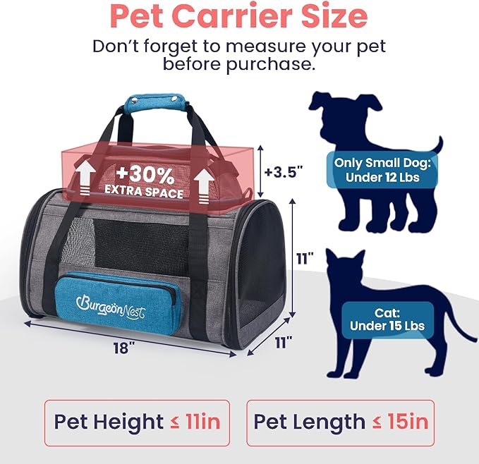 BurgeonNest Top-Expandable Pet Carrier, Airline Approved Dog Cat Carrier, Soft-Sided Puppy Kitten Carriers Up to 15 Lbs, Underseat Travel with Storage Pocket and Anti-Scratch Mesh, 18x11x11, Blue