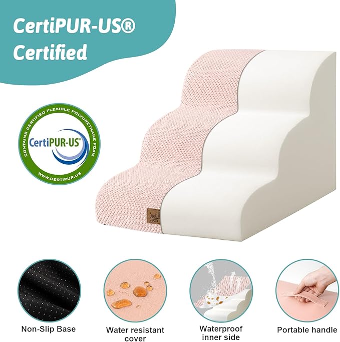 Dog Stairs for Small Dogs 15.7" H, Curved Dog Step for Puppy, Older Cat, Medium Pet Ramp for Sofa, Couch or Chair, Ladder with High Density Foam, 3 Step, 15.7x22.4x15.7 inch, Pink