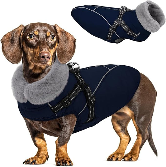 Queenmore Dog Coat,Windproof Dog Coat for Medium Dogs,Dogs Jackets with Harness Built in,Waterproof Doggy Coats with Zipper On Back,Reflective Cold Weather Coats for Dachshund,NavyBlue,M