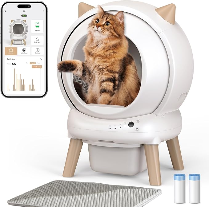 Self Cleaning Litter Box - E2 Automatic Cat Litter Box Large Smart Self Cleaning Robot for Cats, Double Safety Protection, App Control, 2 Roll Garbage Bags & Mat