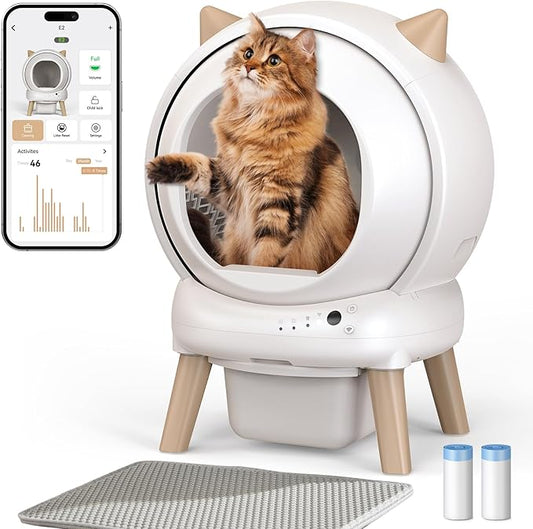Self Cleaning Litter Box - E2 Automatic Cat Litter Box Large Smart Self Cleaning Robot for Cats, Double Safety Protection, App Control, 2 Roll Garbage Bags & Mat