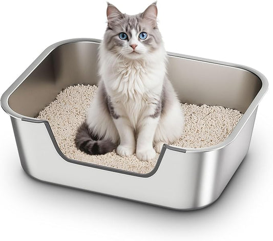 Stainless Steel Cat Litter Box with Low Entry, Metal Kitty Litter Box for Senior or Injured Cats, Odor-Free, Non-Stick, Easy to Clean, 17.5"x13.6"x5.9", Litter Pan for Medium and Small Cats