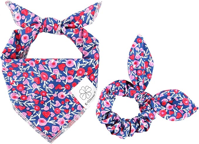 E-Clover Cute Girl Dog Bandanas & Matching Scrunchie Set Heart Dog Bandana Scarf with Bow Hair Ties for Small Puppy Dogs Pet Owner Mom Gifts Pink Floral
