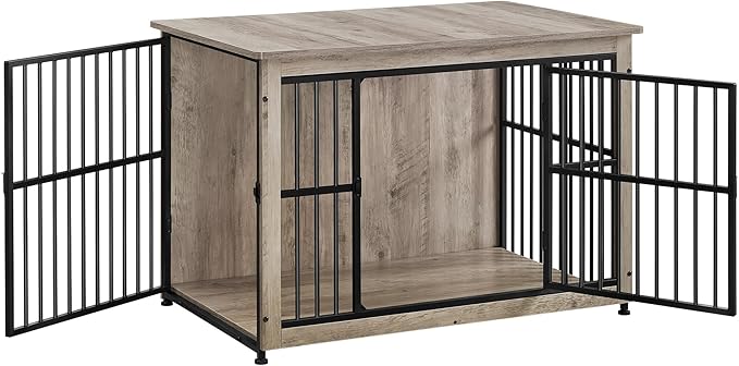 Feandrea Dog Crate Furniture, 38.6" Side End Table, Modern Kennel for Dogs Indoor up to 70 lb, Heavy-Duty Dog Cage with Enclosed Base, Double-Door Dog House, Greige UPFC023G01