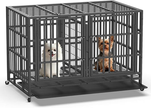 Heavy Duty Indestructible Dog Crate 48 Inch with Removable Tray, Sizes & Colors Optional, Escape Proof Double Door High Anxiety Cage Indoor, Kennel with Wheels for Large Dogs, XL XXL XXL