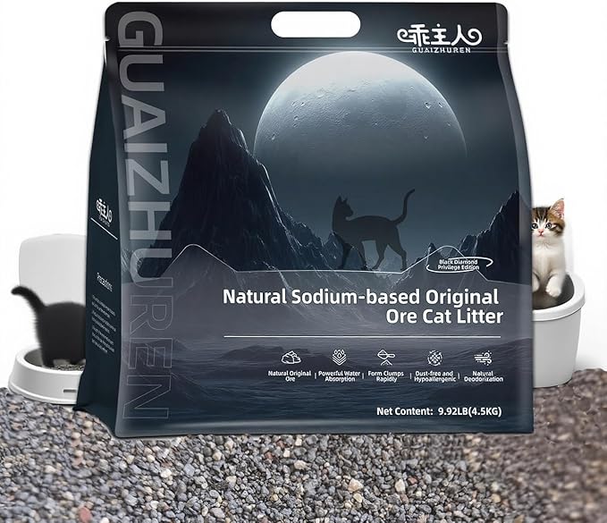 Mineral Ore Clumping Liþer, Natural Sodium-Based Raw Mineral Cat Litter | Dust-Free, Ultra Absorbent, Odor Control | Eco-Friendly, Low Tracking, Clumping Cat Litter 9.9LBS (9.9LBS_Black Diamond)