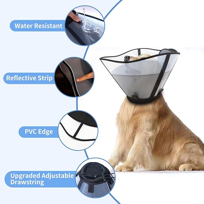Soft Dog Cone for Dogs After Surgery, Breathable Pet Recovery Collar for Large Medium Dogs, Adjustable Dog Cone Collar, Elizabethan Collar (S, Black)