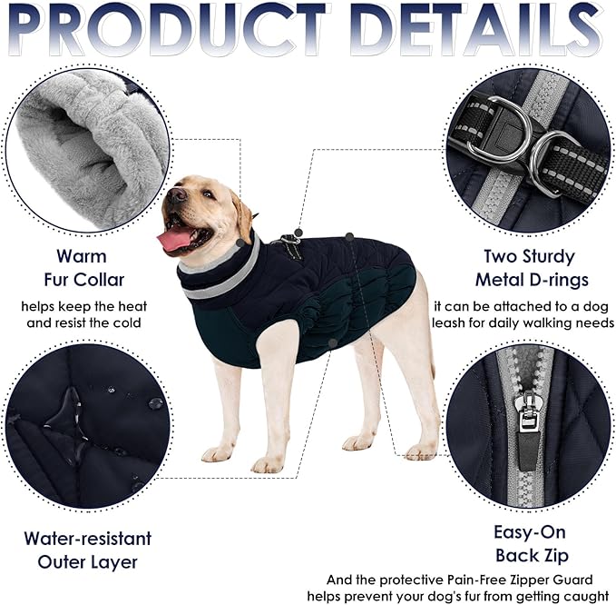 AOFITEE Dog Coat, Warm Dog Winter Coat for Small Dogs, Reflective Turtleneck Dogs Jacket with Harness Built in, Waterproof Windproof Pet Fleece Vest Snow Jacket for Cold Weather, Navy S