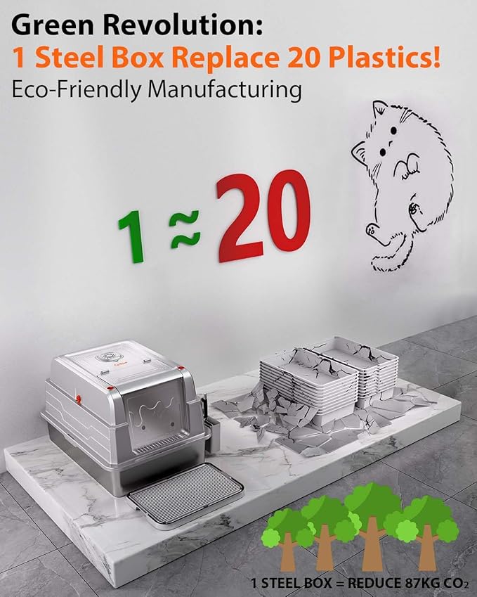 CATLIKE 2025 Upgrade 152L XXXL Stainless Steel Cat Litter Box - 3-Layer Urine Leak-Proof, Enclosed Design w/Charcoal Filter for Maine Coon & Multi-Cat Homes, Includes Metal Scoop & Mat