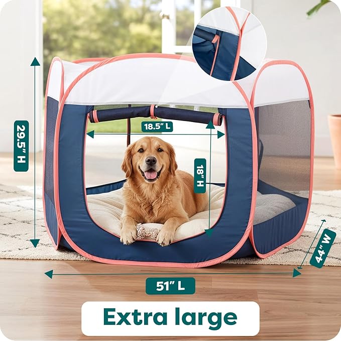 FurHaven Portable Pet Playpen for Dogs & Cats, Extra Large Indoor Kitten Playpen with Mesh Sides, Foldable Dog Playpen for Small Dogs, Pop Up Travel Dog Pen, X-Large, Pet Crate with Mesh Sides, Navy