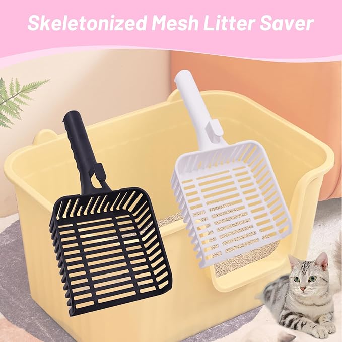 YXQ 2Pcs Litter Scoop for Cats Plastic Durable Deep Shovel Small Holes and Long Handle for Sifting Kitty Litter (White+Black)