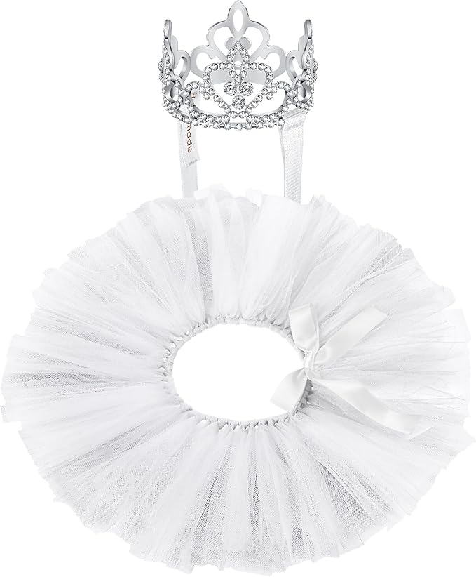 2 Pcs Dog Crown Headband Dog Tutu Dress Set Crystal Rhinestone Tiara Crown Tutu Skirt Pet Dress Costume for Puppy Birthday Party Wedding Photo Prop Costume(Large,White)
