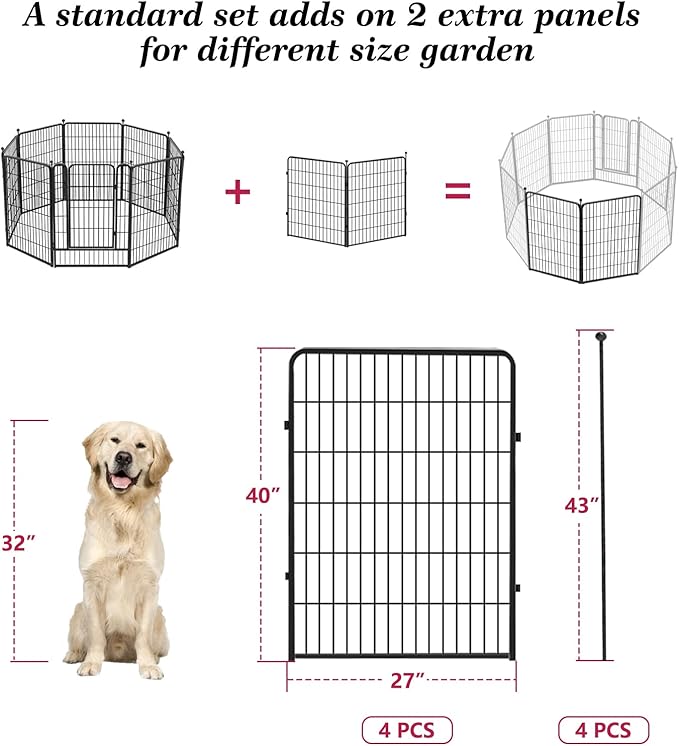 Dog Playpen 40 inch 2 Panels Indoor Dog Pen for Large/Medium/Small Dogs Heavy Duty Metal Dog Fence Outdoor for Yard, Puppy Playpen with Door Portable Pet Fence for RV Camping Yard
