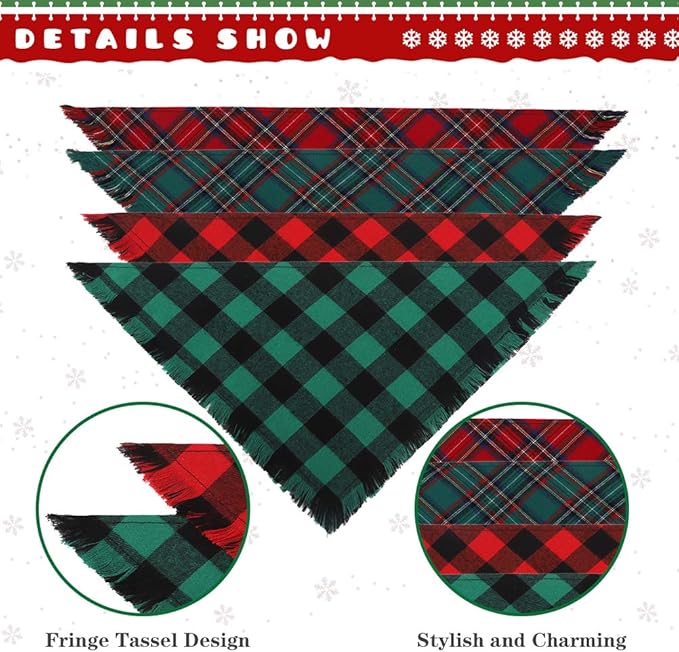 KOOLTAIL Christmas Plaid Dog Bandana 4 Pack - Classic Triangle Scarf Tassels Style Holiday for Dogs Cats Puppy