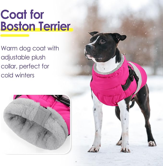 SUNFURA Dog Jacket, Large Dog Coat with Harness Built in, Warm Pet Winter Jacket Zippered Snow Coat with Furry Collar, Waterproof Fleece Snowsuit for French Bulldog, Hot Pink L