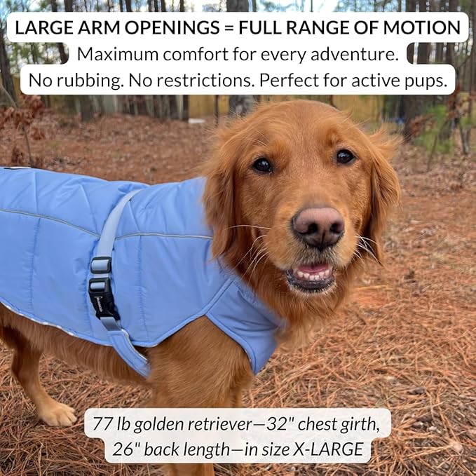 DJANGO Insulated Puffer Dog Jacket with Harness Hole – Warm, Water-Repellent Winter Dog Coat for Small Dogs, Dachshunds, Puppies – Adjustable, Reflective Cold Weather Dog Apparel – Dusk Blue, Small