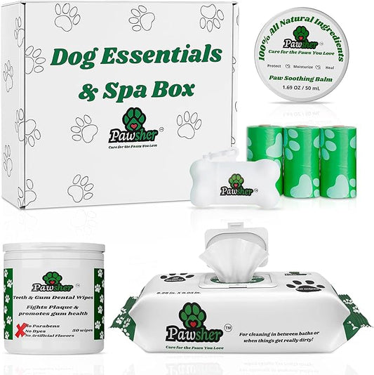 Puppy Essentials Kit Contains Dog Wipes for Paws and Butt, Nourishing Paw Balm, Teeth Cleaning Wipes & Poop Bags Set | Dog Camping Essentials and Travel Accessories