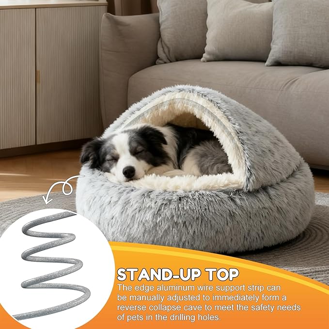 2-in-1 Dog Bed: Upgraded Aluminum Rim Support & Non Slip Bottom - Cozy Cave + Blanket for Large Medium Dogs Under 20 kg (44 lbs) | Plush Self-Heating for Border Collie, Labs