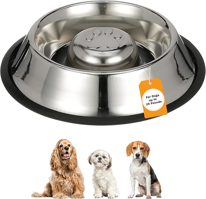 Neater Pet Brands Stainless Steel Slow Feed Bowl - Non-Tip & Non-Skid - Stops Dog Food Gulping, Bloat, Indigestion, and Rapid Eating (1.5 Cup)