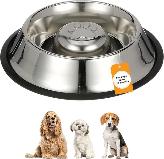 Neater Pet Brands Stainless Steel Slow Feed Bowl - Non-Tip & Non-Skid - Stops Dog Food Gulping, Bloat, Indigestion, and Rapid Eating (1.5 Cup)